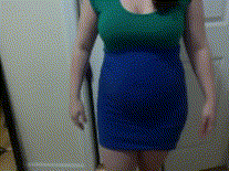 Very full, very round, chubby belly in a tight dress